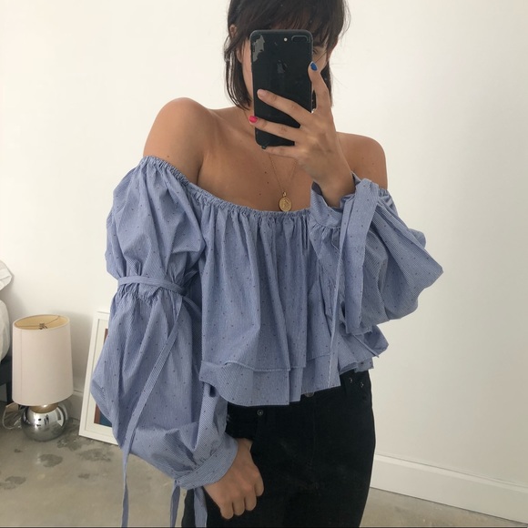 Off The Shoulder Stripe Top w Balloon Sleeves - Picture 4 of 7